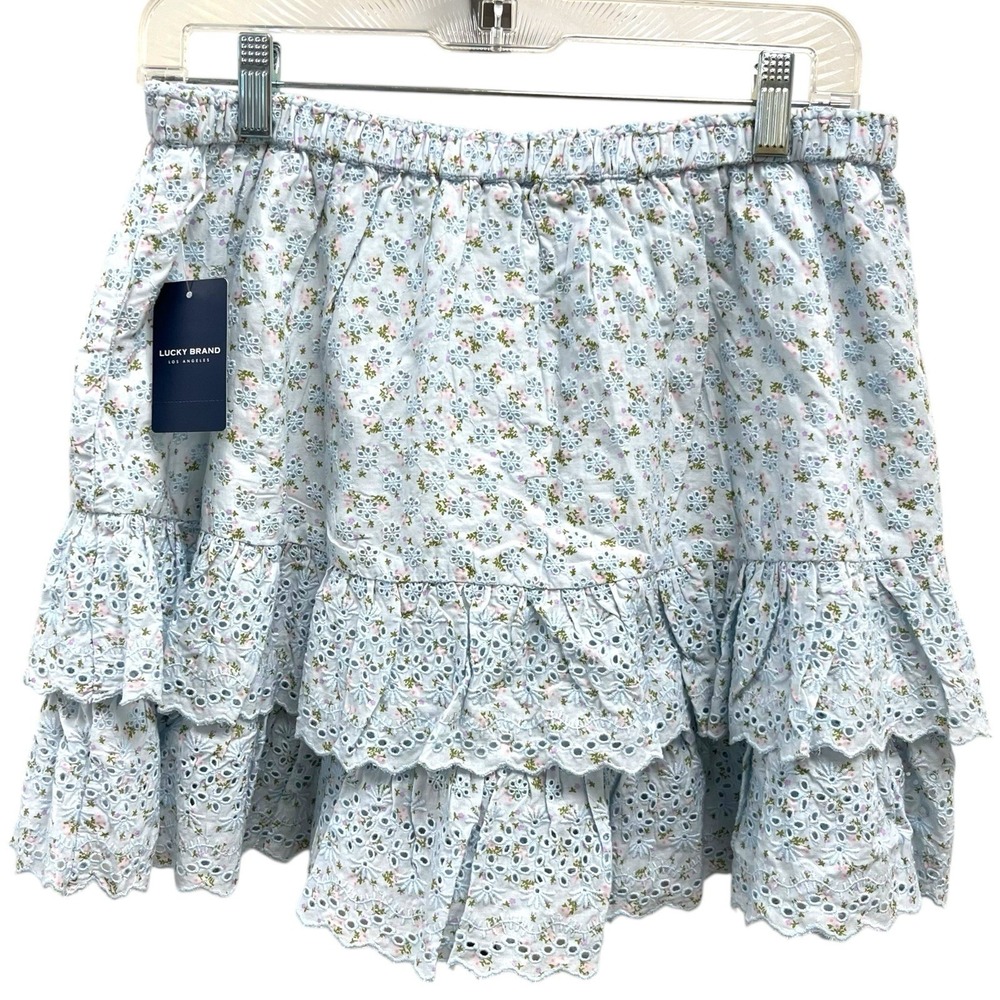Lucky‎ Brand Women's S Light Blue Floral Elastic Waist Tiered Eyelet Skirt NWT